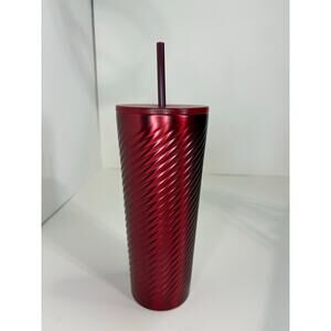 Starbucks Red Ribbon 24 oz Swirl Stainless Steel Tumbler Cold Cup w/ straw
